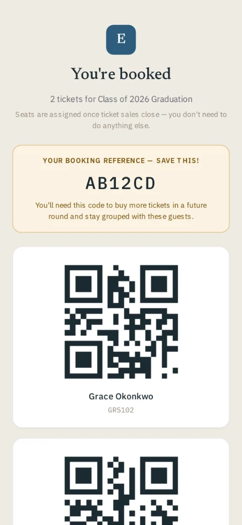 Family booking confirmation with QR tickets on a phone